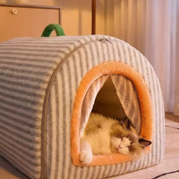 Enclosed Warm Cat Bed with Door Curtain, Plush Pet Sleeping Bag for Winter, Washable Cat House & Dog Sofa