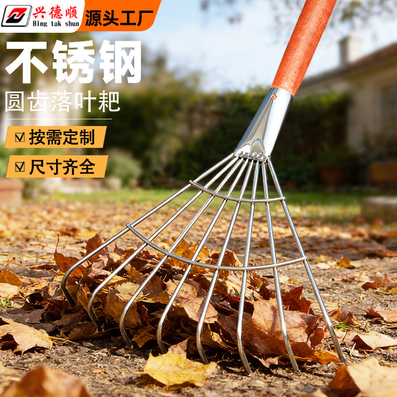 Stainless Steel Rake with Wooden Handle for Garden and Farm Leaf Collection