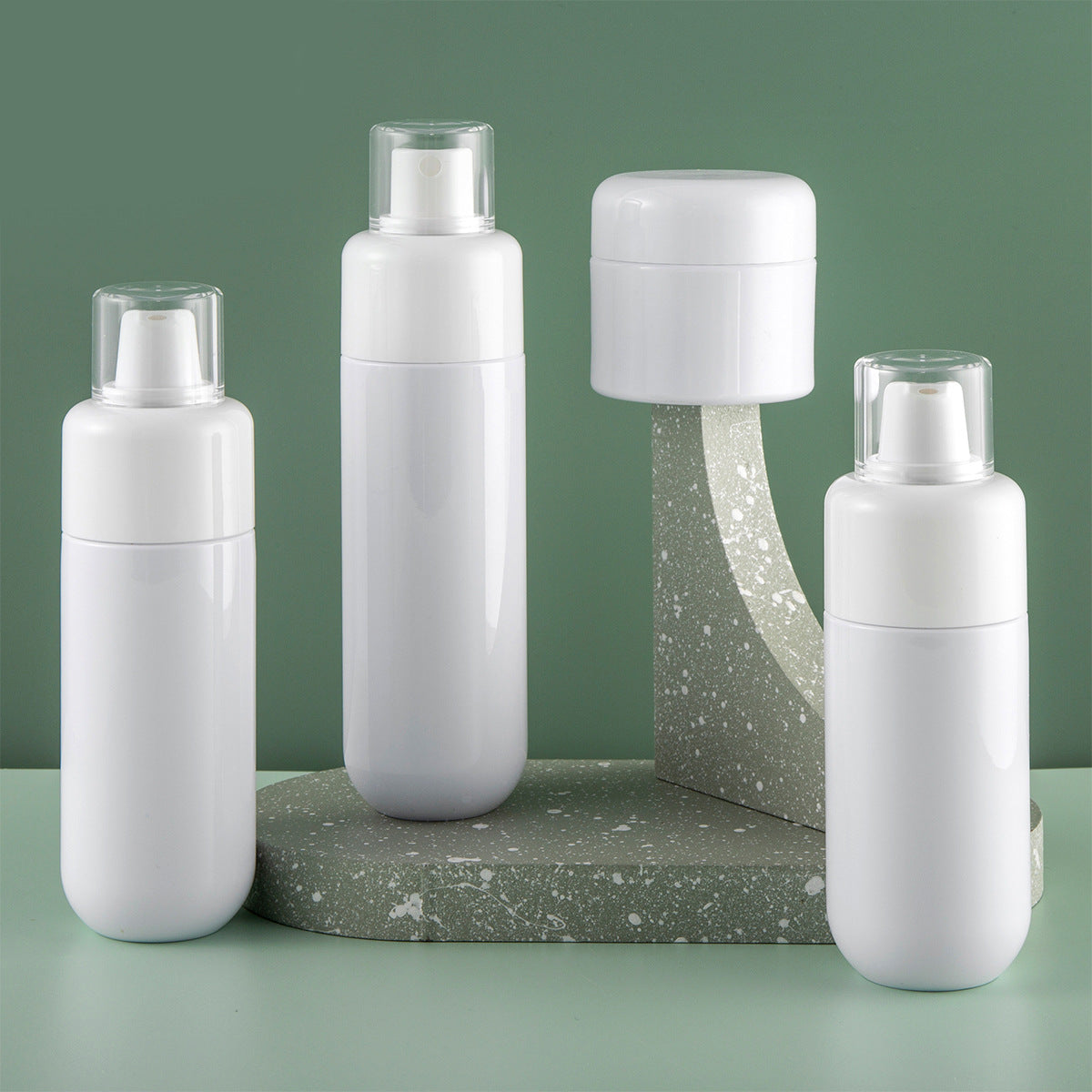White Flat Shoulder Fine Mist Spray Bottle and Round Bottom Cream Jar for Hydrating Products
