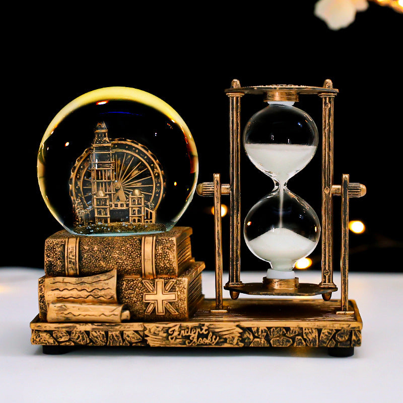 Retro Ferris Wheel Music Box Hourglass with LED Light, Resin Desktop Ornament Gift