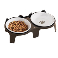 Elevated Ceramic/Stainless Steel Double Cat Bowl for Food and Water, Tilted for Neck Protection, Non-Slip