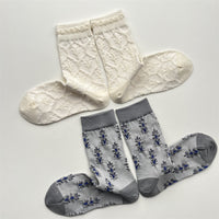 Vintage Bird & Oak Leaf Embossed Mid-Calf Cotton Socks for Women