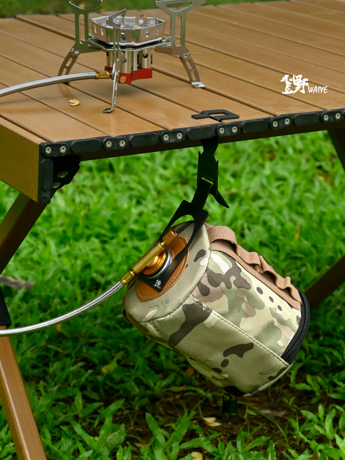 Waiye Outdoor Camping IGT Table with Gas Tank Hook, Multifunctional Cassette Split Stove Folding Table