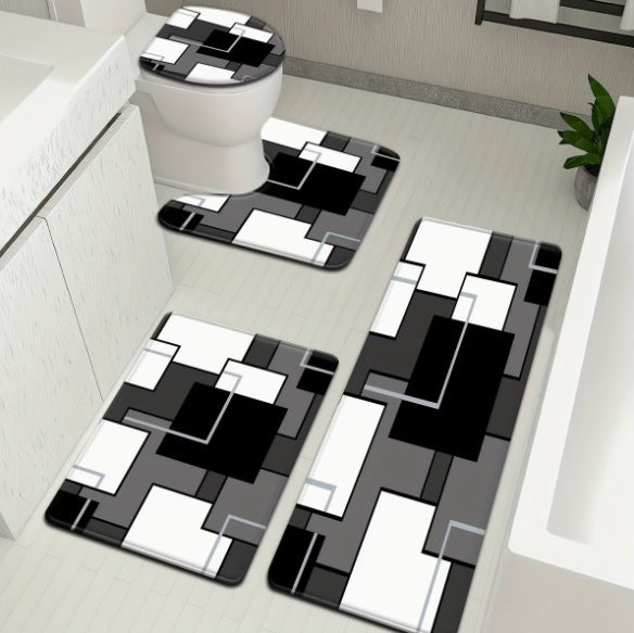 Geometric Patchwork Faux Cashmere Bathroom Mat Set