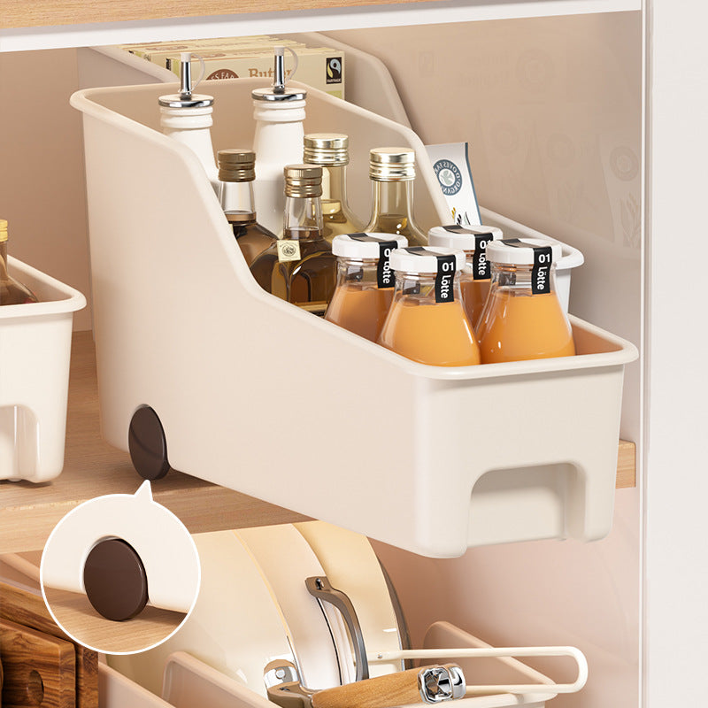Modern Kitchen Storage Box with Wheels and Handle, PP Material, Off-White Cabinet Pot Lid Organizer