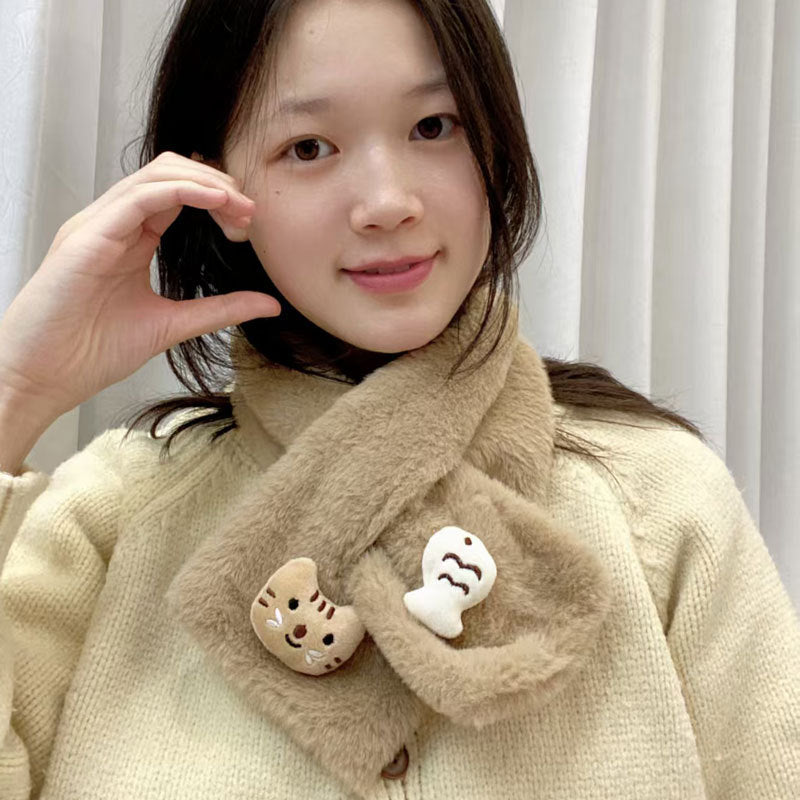 Cute Cat Eating Fish Plush Scarf Winter Warm Thickened Cross Scarf for Students and Couples