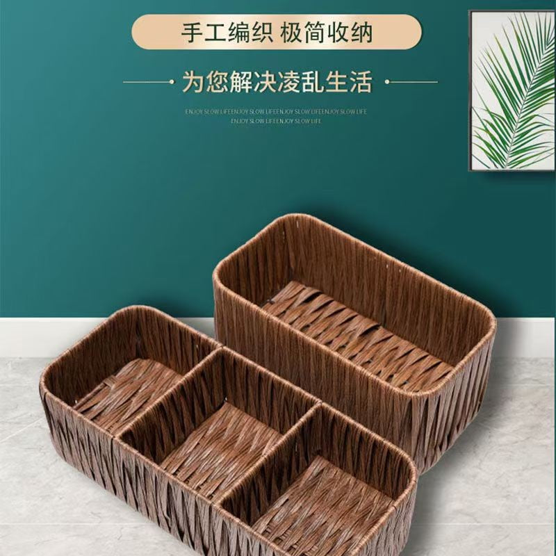 Hand-Woven Rattan-Style Divided Storage Basket for Snacks, Nuts, and Desktop Organization