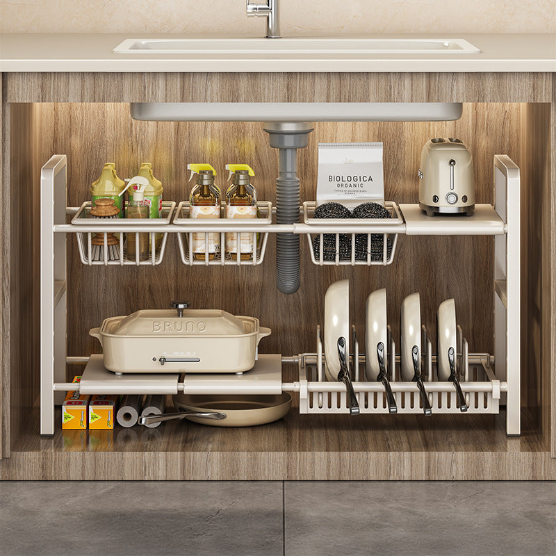 Under-Sink Expandable Kitchen Organizer Rack with Storage Baskets and Pot Lid Holder