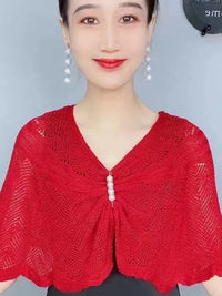 Knitted Poncho Shawl with Brooch - Lightweight Sun Protection Cover-Up for Spring/Summer