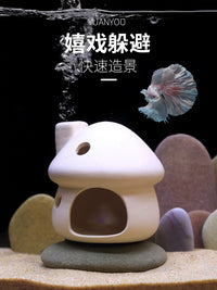 Ceramic Mushroom House Aquarium Ornament with Hiding Cave for Fish and Shrimp