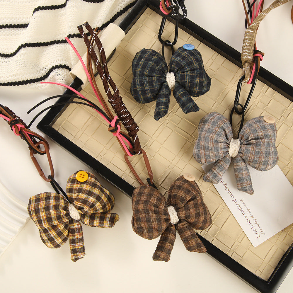French Vintage Plaid Bowknot Keychain Pendant DIY Handmade Stuffed Bow Tie Woven Rope Phone Charm Bag Ornament