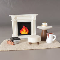 Miniature Fireplace, Table, Stool, Carpet Dollhouse Christmas Scene Furniture Decor Set