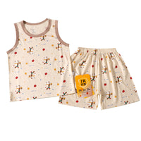 Kids' Cartoon Print Sleeveless Top & Shorts Set for Boys, Breathable Summer Homewear