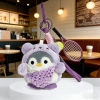 Cute Penguin Plush Keychain with Crossbody Bag and Sports Racket