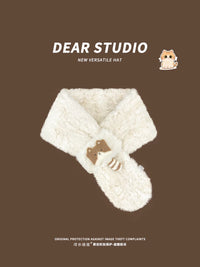 Japanese Style Cute Cartoon Cat Plush Cross Scarf for Women, Autumn/Winter Warm Neck Warmer