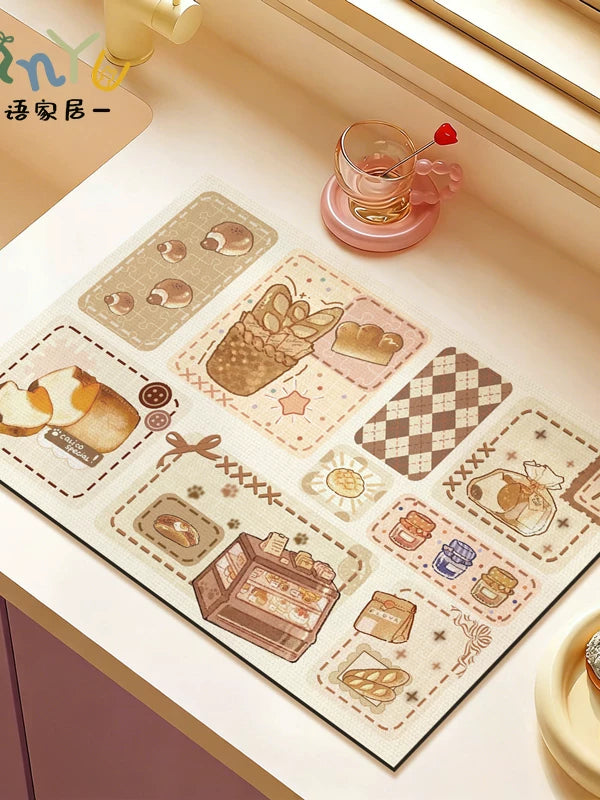 Cartoon Absorbent Dish Drying Mat for Kitchen Countertops and Coffee Machines