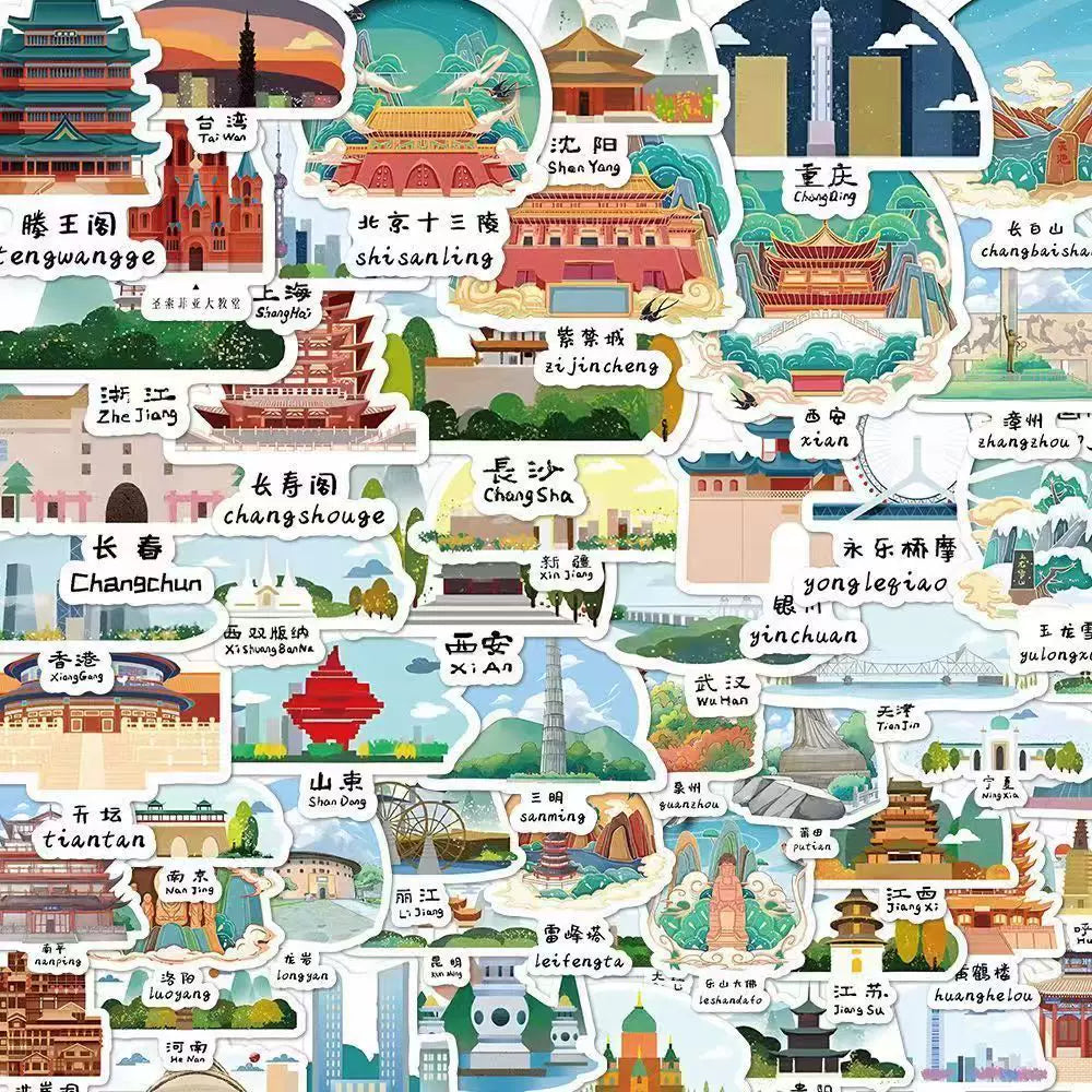Cartoon Hand-Drawn Travel Landmark Stickers for Scrapbooking and Decoration