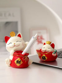 Lucky Cat Pen Holder Ornament for Desk & Home Decor
