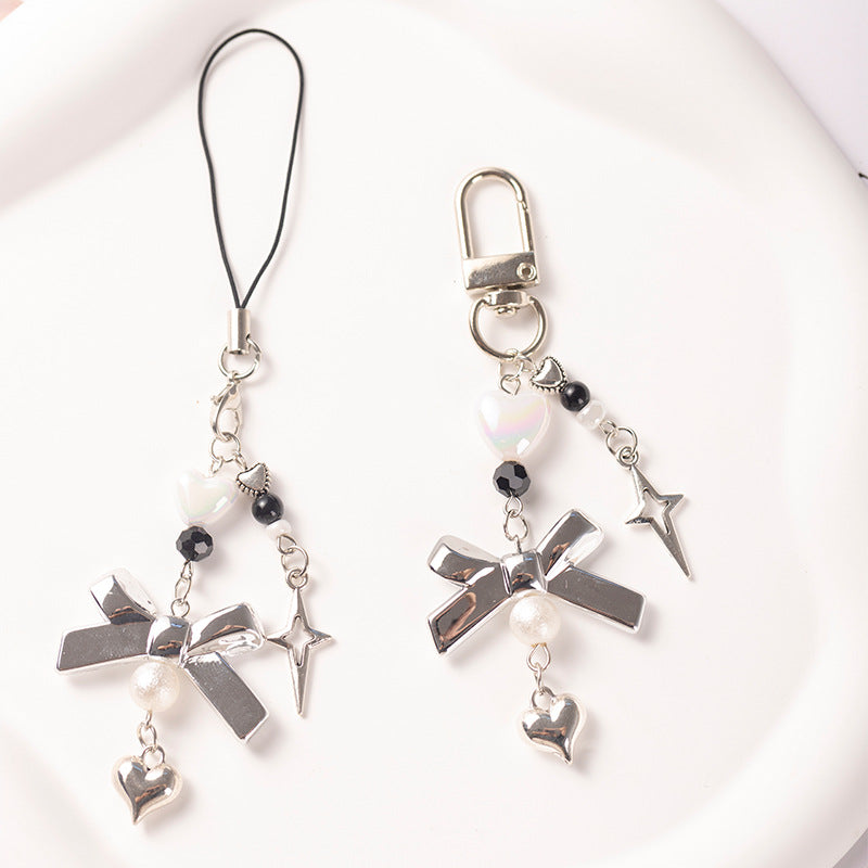 Silver Bowknot Phone Charm & Bag Pendant with Heart Keychain for Instant Camera & Kpop Photocard Decoration