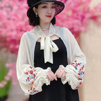 Embroidered Chiffon Sun Protection Shawl with Tie Cuffs