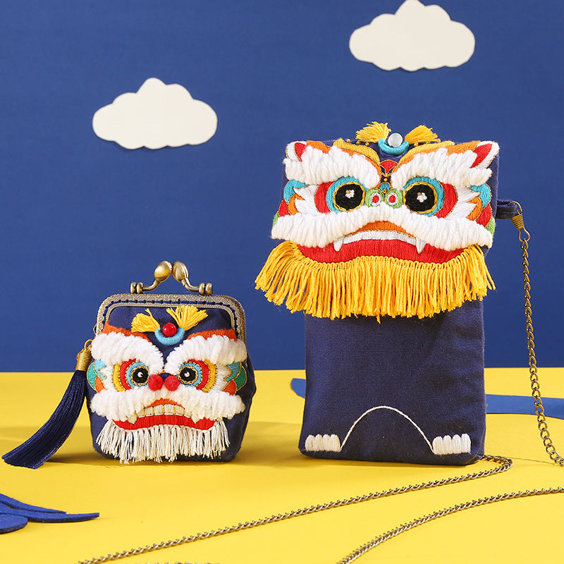 Lion Dance Embroidery DIY Kit for Beginners - Ancient Style Silk Ribbon Handbag