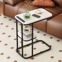 Modern Minimalist Side Table with Charging Port, Small Square Rock Board Coffee Table for Sofa Bedside