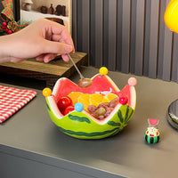Dopamine Watermelon Ceramic Fruit Plate with Stainless Steel Forks for Living Room Coffee Table Snacks