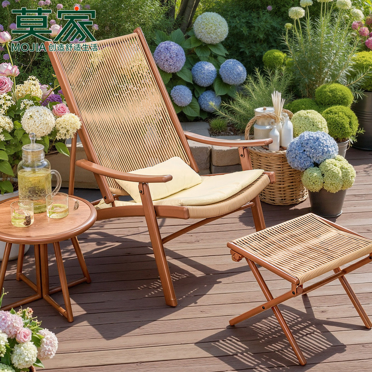 MoJia Outdoor Folding Lounge Chair Balcony Table and Chair Set Rattan Leisure Lunch Break Bed Courtyard Lazy Rest Chair