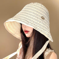 Striped Sun Protection Bucket Hat with Chin Strap - Wide Brim Full Face Coverage for Women