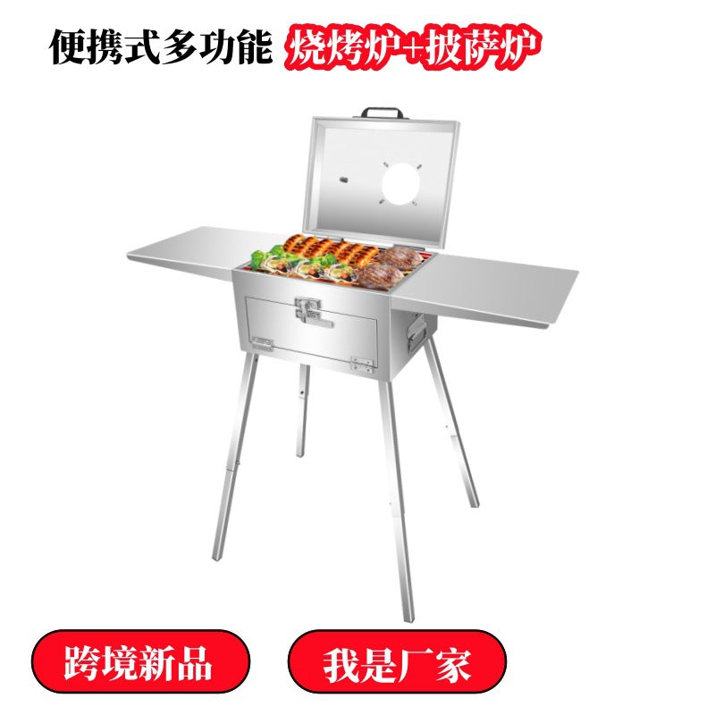 Portable Multifunctional Stainless Steel Charcoal BBQ Grill Outdoor Barbecue Table Pizza Oven for Camping Picnic