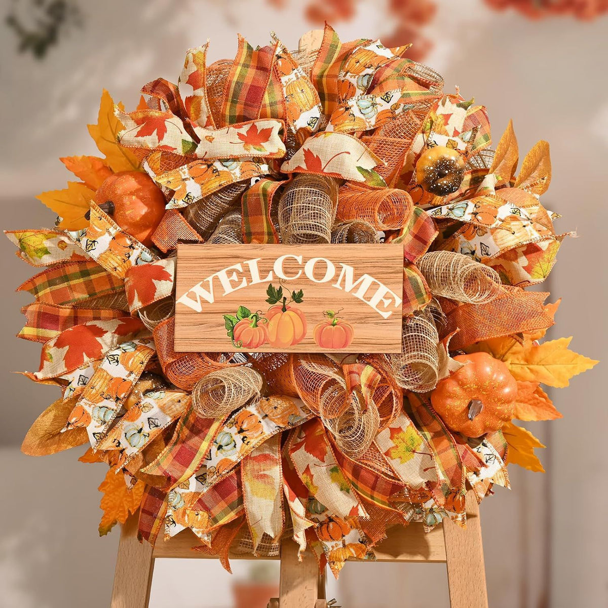 Autumn Thanksgiving Pumpkin Wreath with Welcome Sign for Front Door Decor