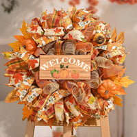 Autumn Thanksgiving Pumpkin Wreath with Welcome Sign for Front Door Decor