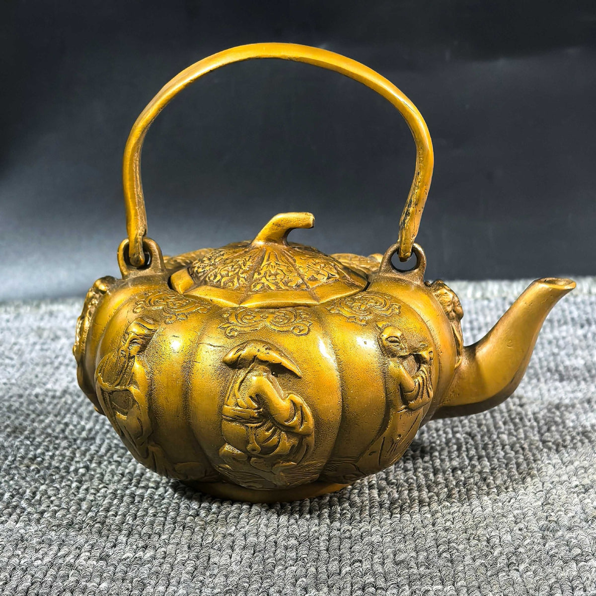 Vintage Gilt Bronze Teapot Ornament, Brass Craft Collectible, Chinese Antique Style Decor