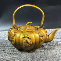 Vintage Gilt Bronze Teapot Ornament, Brass Craft Collectible, Chinese Antique Style Decor
