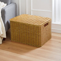 Hand-Woven Rattan Storage Basket with Lid, Rectangular Desktop Organizer for Home
