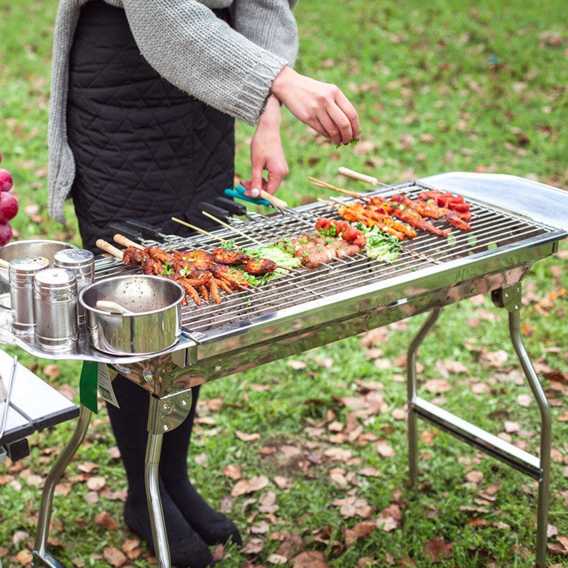 Large Outdoor Stainless Steel BBQ Grill with Foldable Portable Charcoal Stove