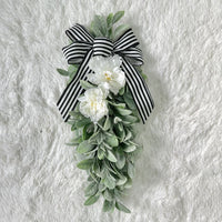 Peony Bunny Ear Wreath Farmhouse Black White Stripe Bow Faux Flower Door Hanger