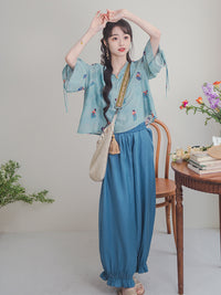 Tang Palace Night Banquet Hanfu Inspired Zen Tea Suit for Women - Improved Chinese Style Top and Wide-Leg Pants Set
