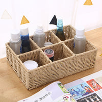 Multi-Compartment Woven Desktop Organizer Basket for Cosmetics and Remotes