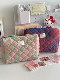 Color Block Plaid Portable Cosmetic Bag for Travel and Daily Use