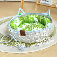 Hand-Woven Rattan Cat Bed with Scratching Board & Play Ball - All Seasons Washable Pet Nest