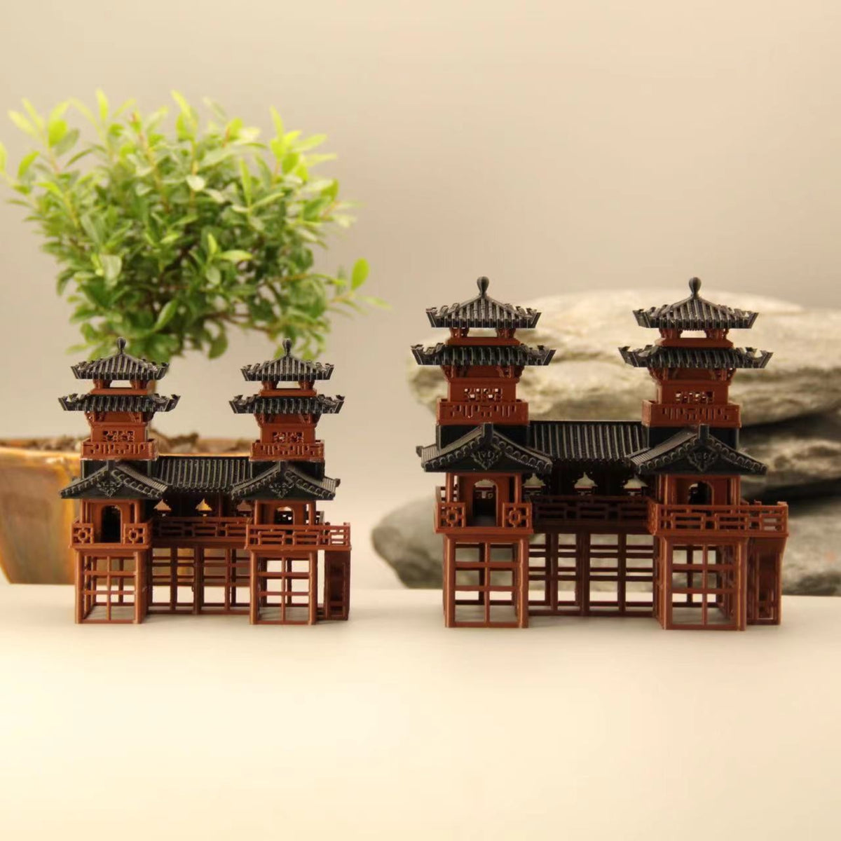 Twin Towers Micro Landscape Ornament for Aquariums and Terrariums, Ancient Style Architecture Model