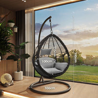 Outdoor Indoor Wicker Swing Chair with Stand, Rattan Hanging Basket Seat for Patio Balcony Garden