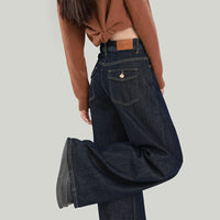 Women's American Style Dark Blue Wide Leg Jeans Loose Fit Straight Trousers