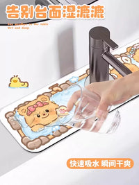 Cute Cartoon Faucet Absorbent Mat for Bathroom Sink Splash Guard Quick Dry Non-Slip Draining Pad