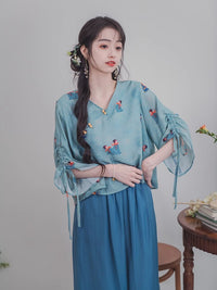 Tang Palace Night Banquet Hanfu Inspired Zen Tea Suit for Women - Improved Chinese Style Top and Wide-Leg Pants Set
