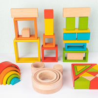 Wooden Rainbow Stacking Blocks Set for Toddlers, Beechwood Educational Building Toy for Early Learning and Family Play
