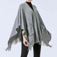 Women's Winter Faux Cashmere Poncho Shawl with Pockets
