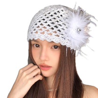 French Retro Feather Hand-Knitted Beanie Hat for Women, Autumn/Winter Ear Protection, Face-Slimming