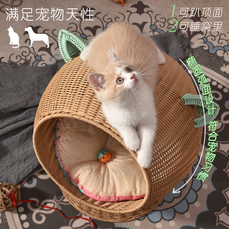 Woven Rattan Cat Bed with Removable Cushion and Scratch Pad, Pet House for Cats and Small Dogs